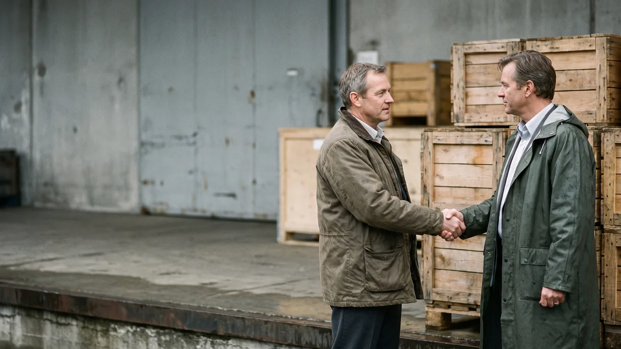 Two people shaking hands on a loading dock, next to stacked wooden crates
