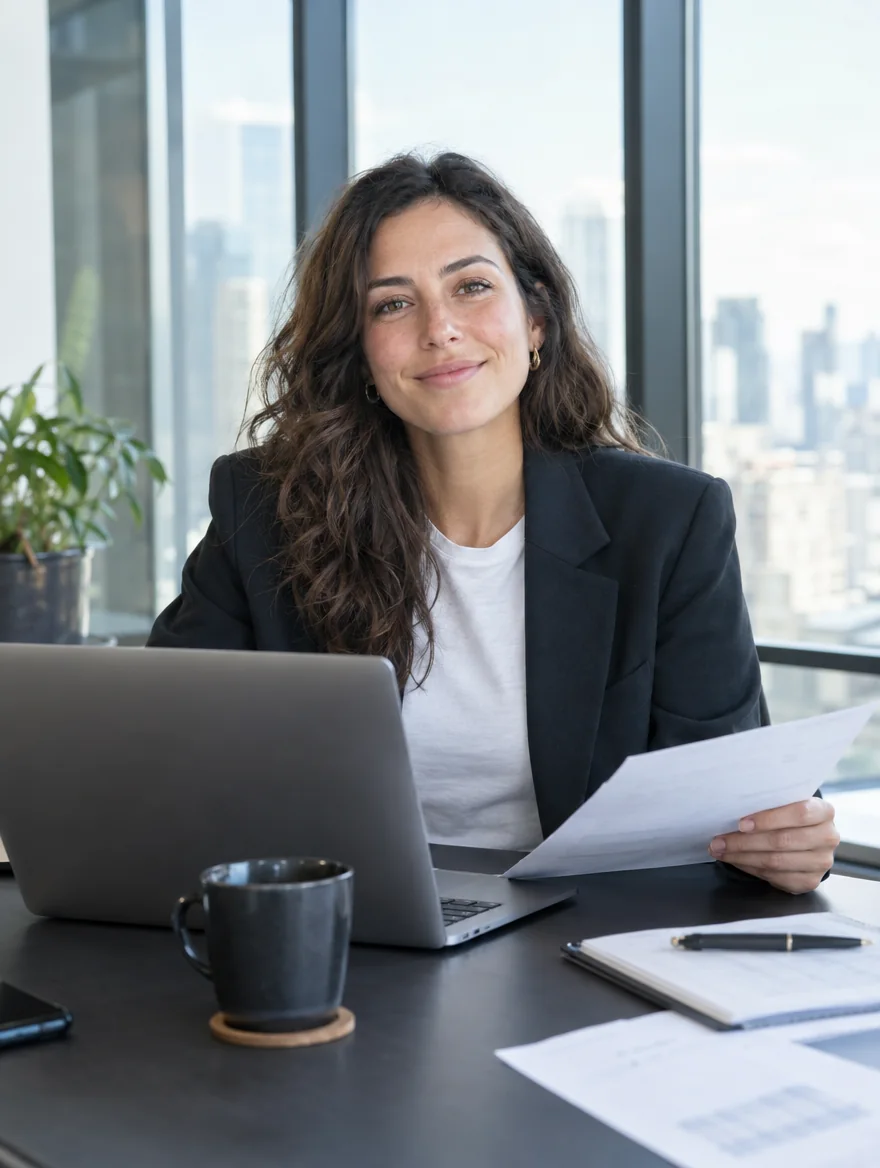 A young business founder at her desk with a laptop and an invoice in her hand
