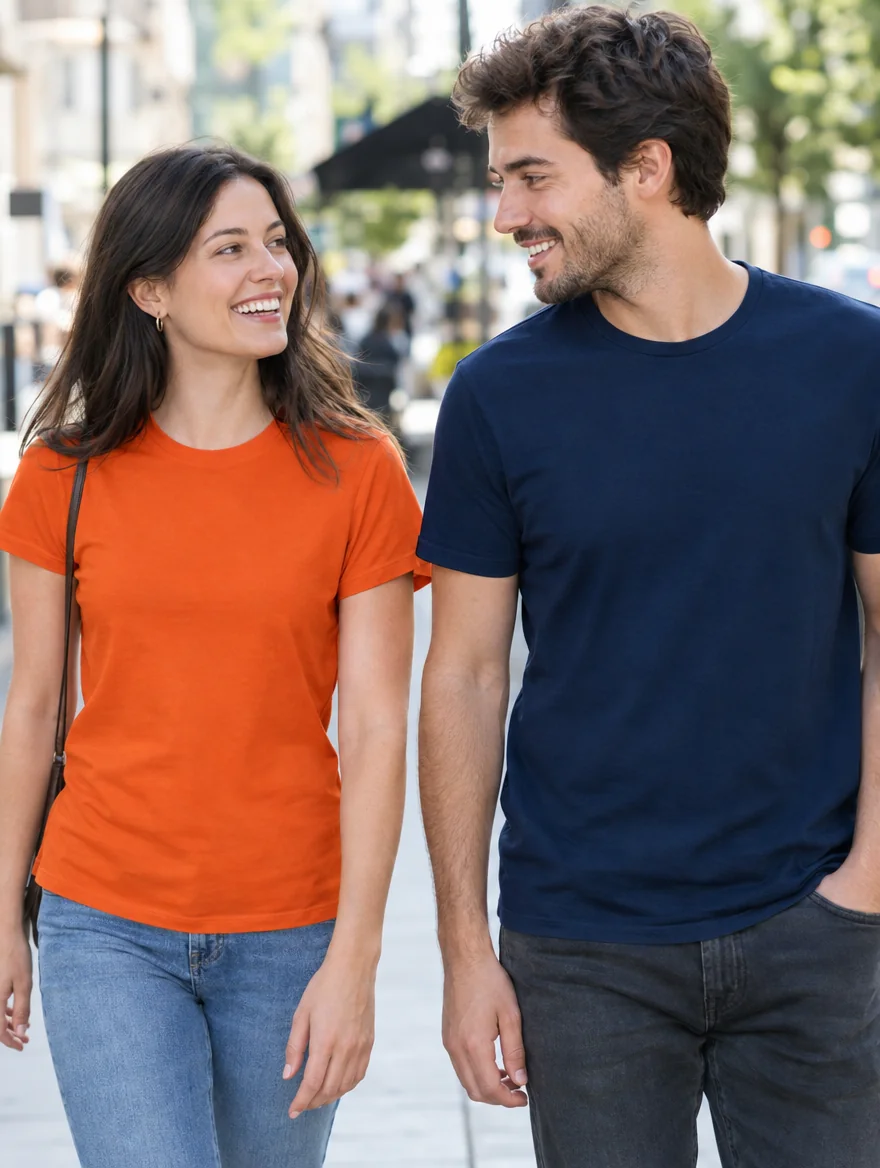 A young woman in an orange t-shirt and a young man in a navy t-shirt walking together on a city street
