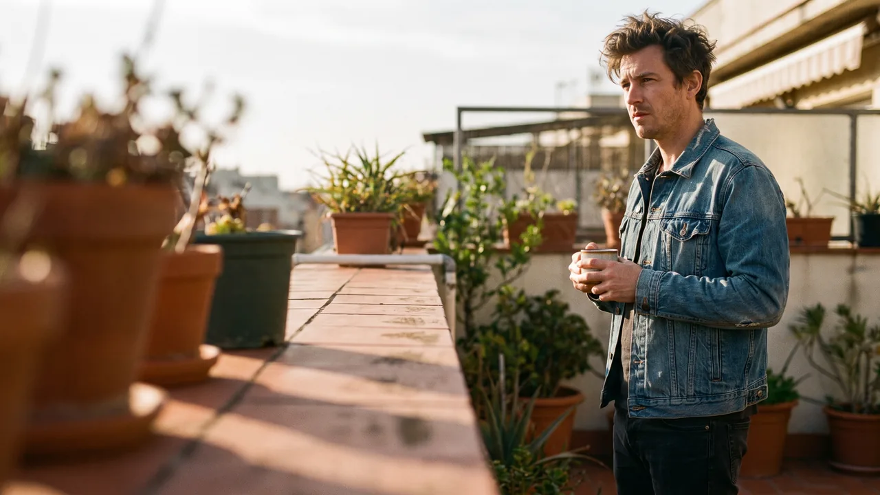 A man on a sunlit terrace in the morning