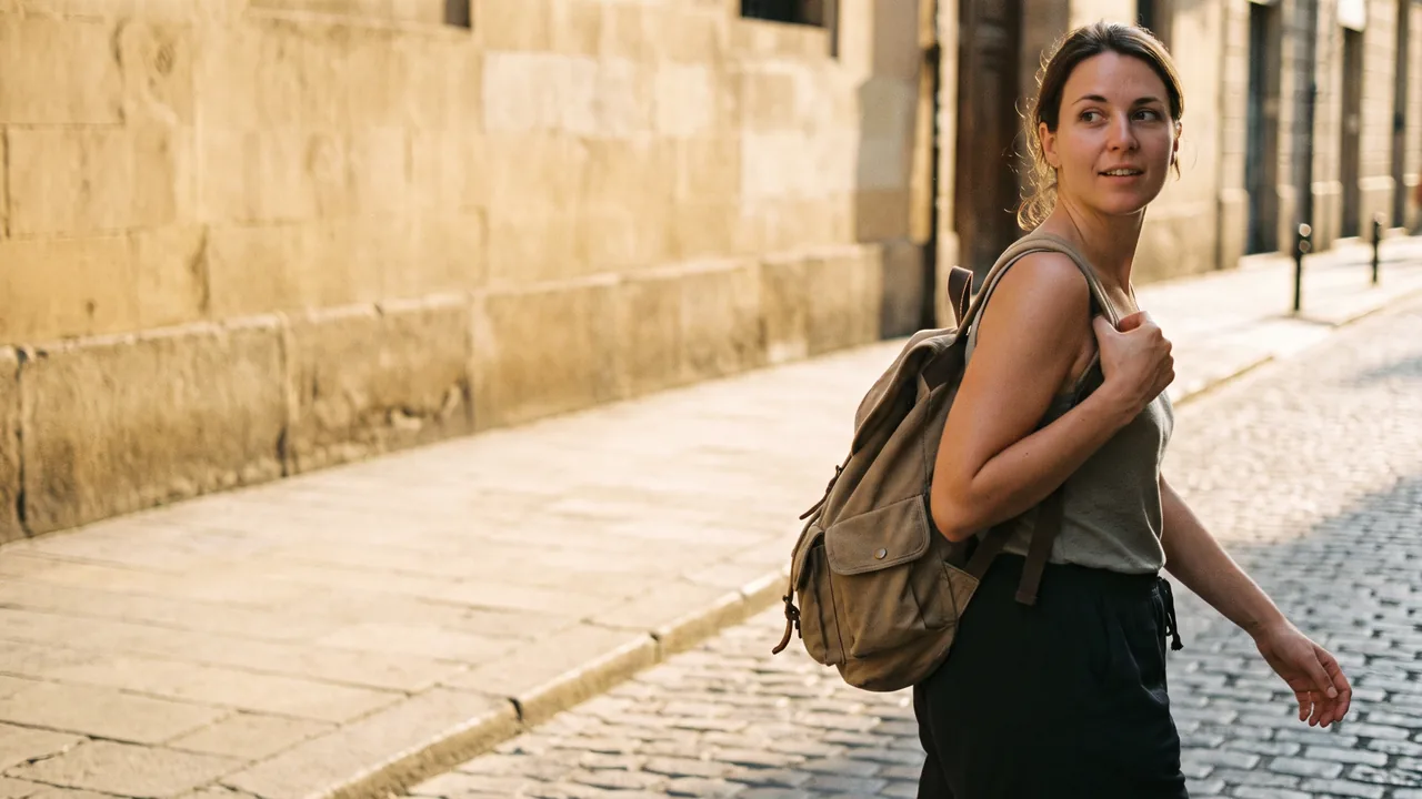 A young woman walking through a city street