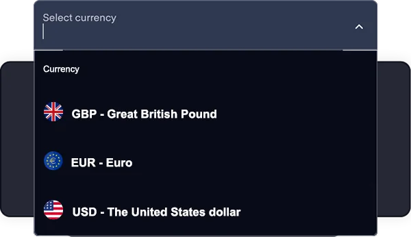 Currency selector open on GBP, EUR and USD