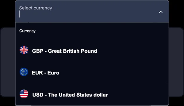 Currency selector open on GBP, EUR and USD