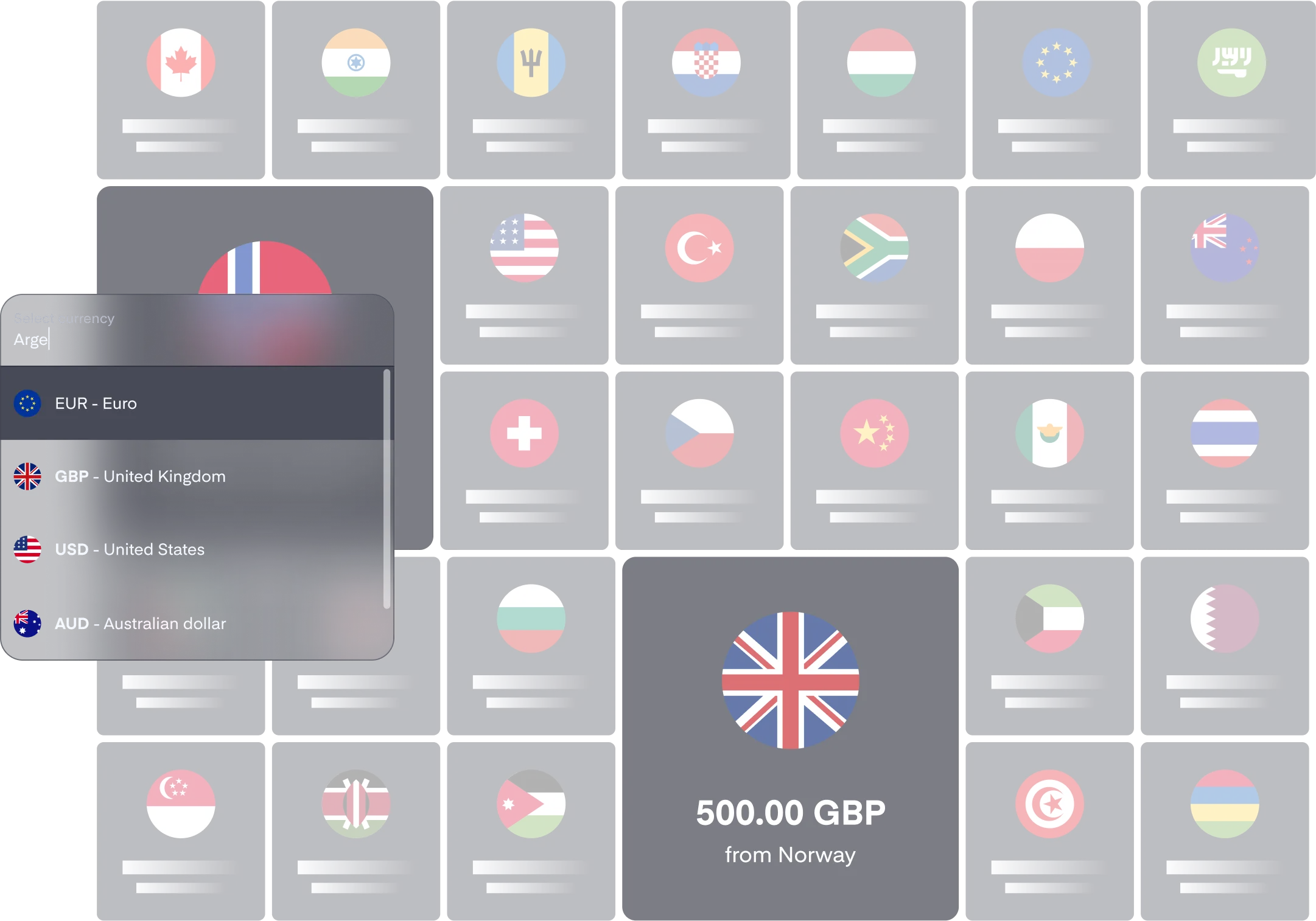 The currencies you can pay and get paid in, with the currency selector open