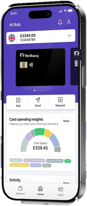 The Reibanq app on a phone: account balance, the card, and the spending breakdown by category