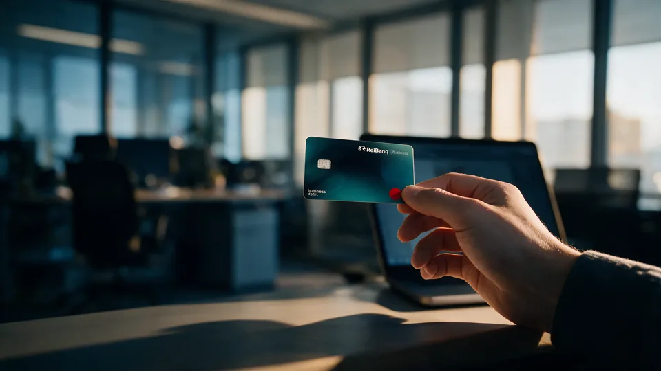 A Reibanq business debit card held in hand in an open-plan office
