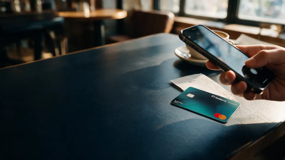 A Reibanq business card on a cafe table while a receipt is photographed with a phone