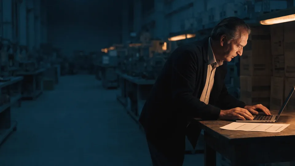 A workshop owner checking a supplier document on a laptop beside packed export cartons