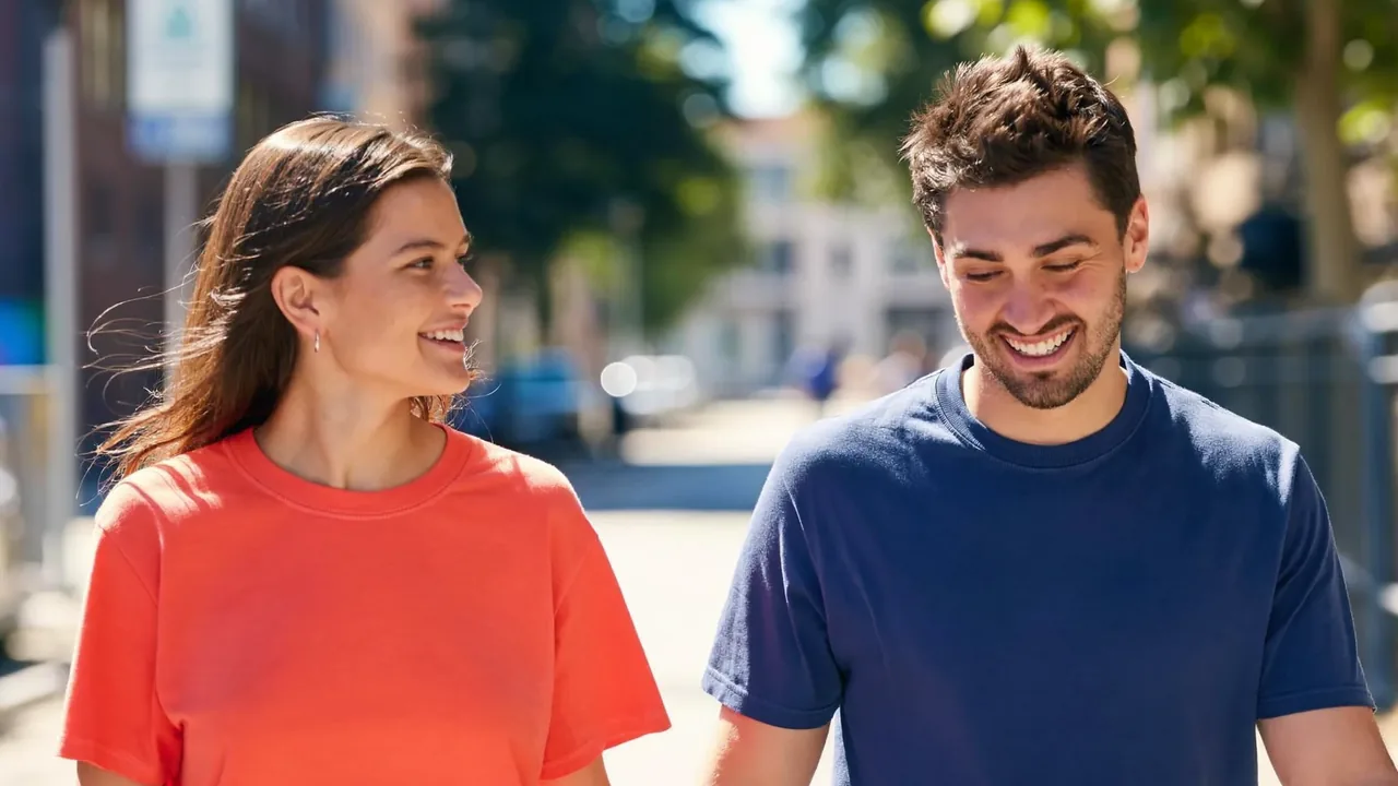 A young woman and a young man walking together on a city street